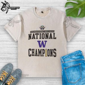 Awesome Washington Huskies 2025 NCAA Division Men's Soccer National Champions washed t-shirt design featuring team colors.