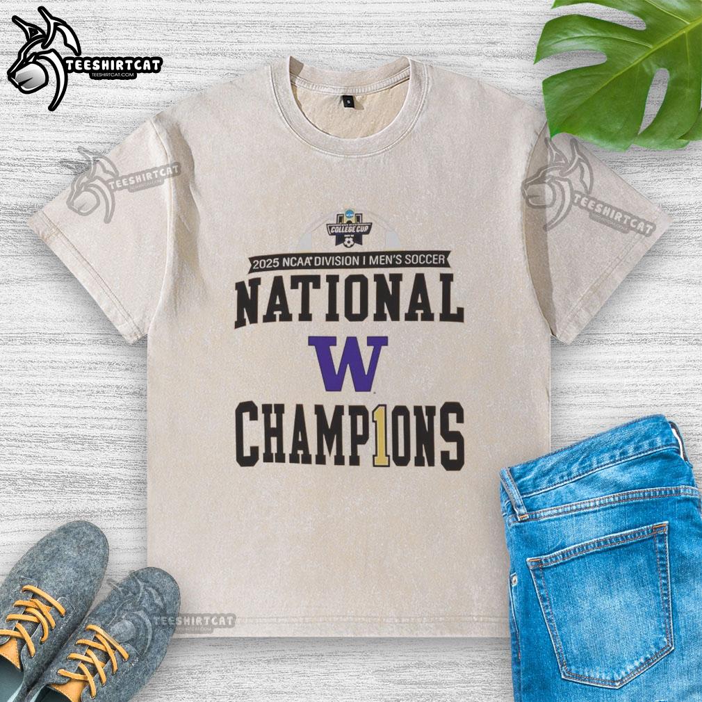 Awesome Washington Huskies 2025 NCAA Division Men's Soccer National Champions washed t-shirt design featuring team colors.