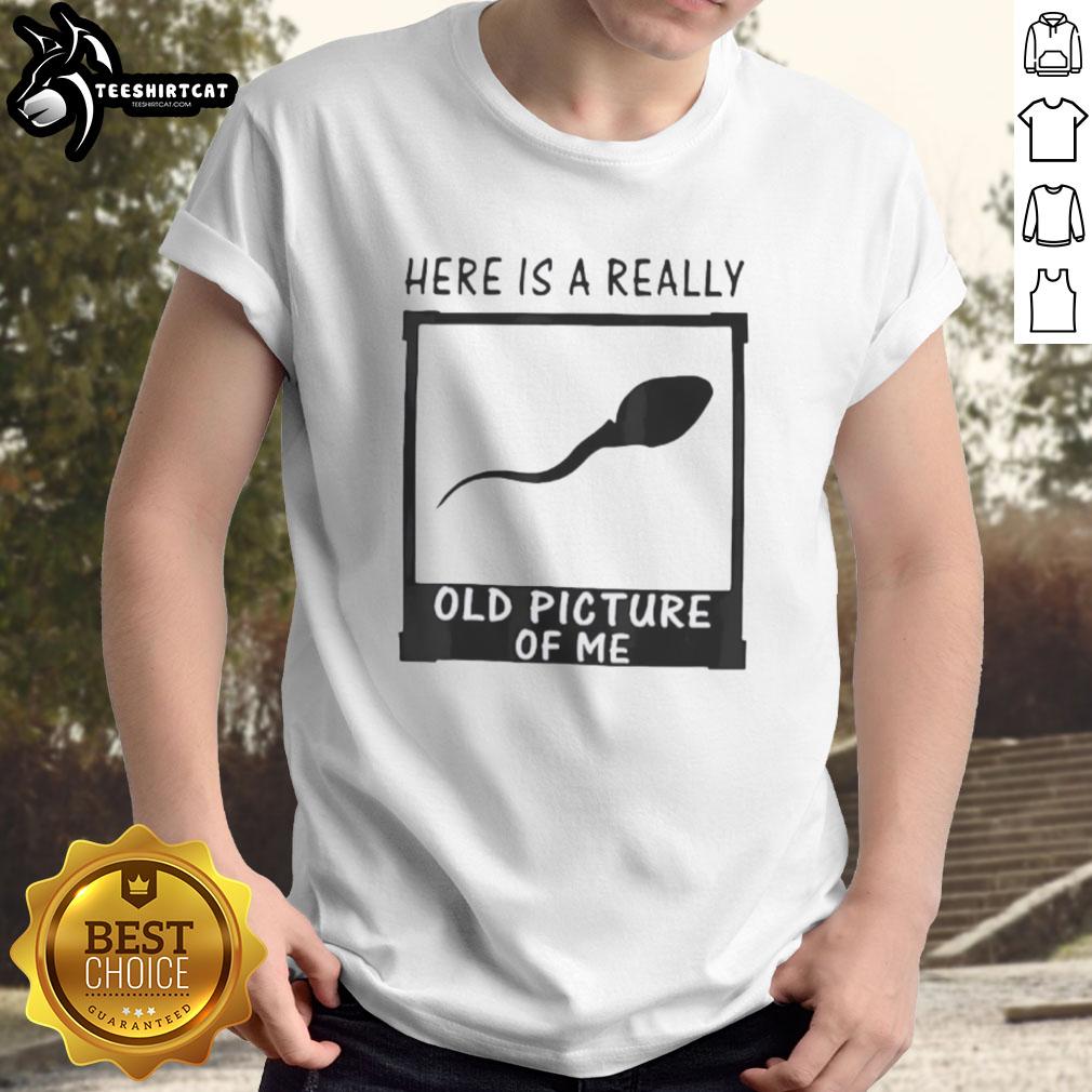 Funny old photo of a person wearing a sperm-themed t-shirt, showcasing humor and nostalgia in fashion.