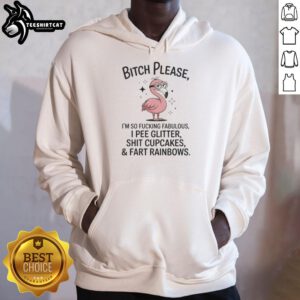 Colorful hoodie featuring a fabulous flamingo design with the phrase 'I pee glitter, shit cupcakes, and fart rainbows.'