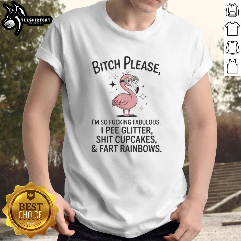 Colorful 'Good Flamingo Bitch Please' t-shirt featuring a fun design of cupcakes and rainbows, perfect for fabulous fashion.