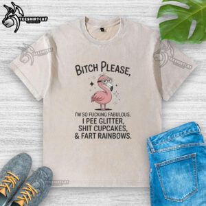 Alt Text: Fabulous graphic t-shirt featuring a flamingo and humorous text about glitter, cupcakes, and rainbows.