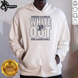 Alt Text: Good Powers Catholic Girls Basketball White Out Hoodie for team spirit and support during games.