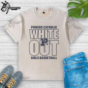 Good Powers Catholic Girls Basketball White Out washed t-shirt featuring team logo and stylish design for fans.