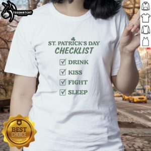 Good St. Patrick's Day checklist for ladies on a stylish tee, featuring festive green graphics and playful designs.