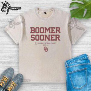 Happy Oklahoma Sooners Football Boomer Sooner 2025-2026 CFP Washed T-Shirt featuring team colors and logo.