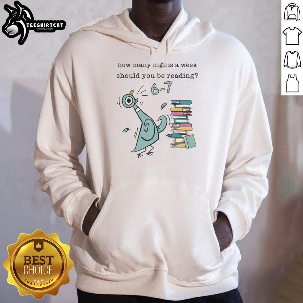 Child in a hoodie with 'Hot How Many Nights a Week Should You Be Reading' design, featuring Pigeon, Elephant, Piggie.