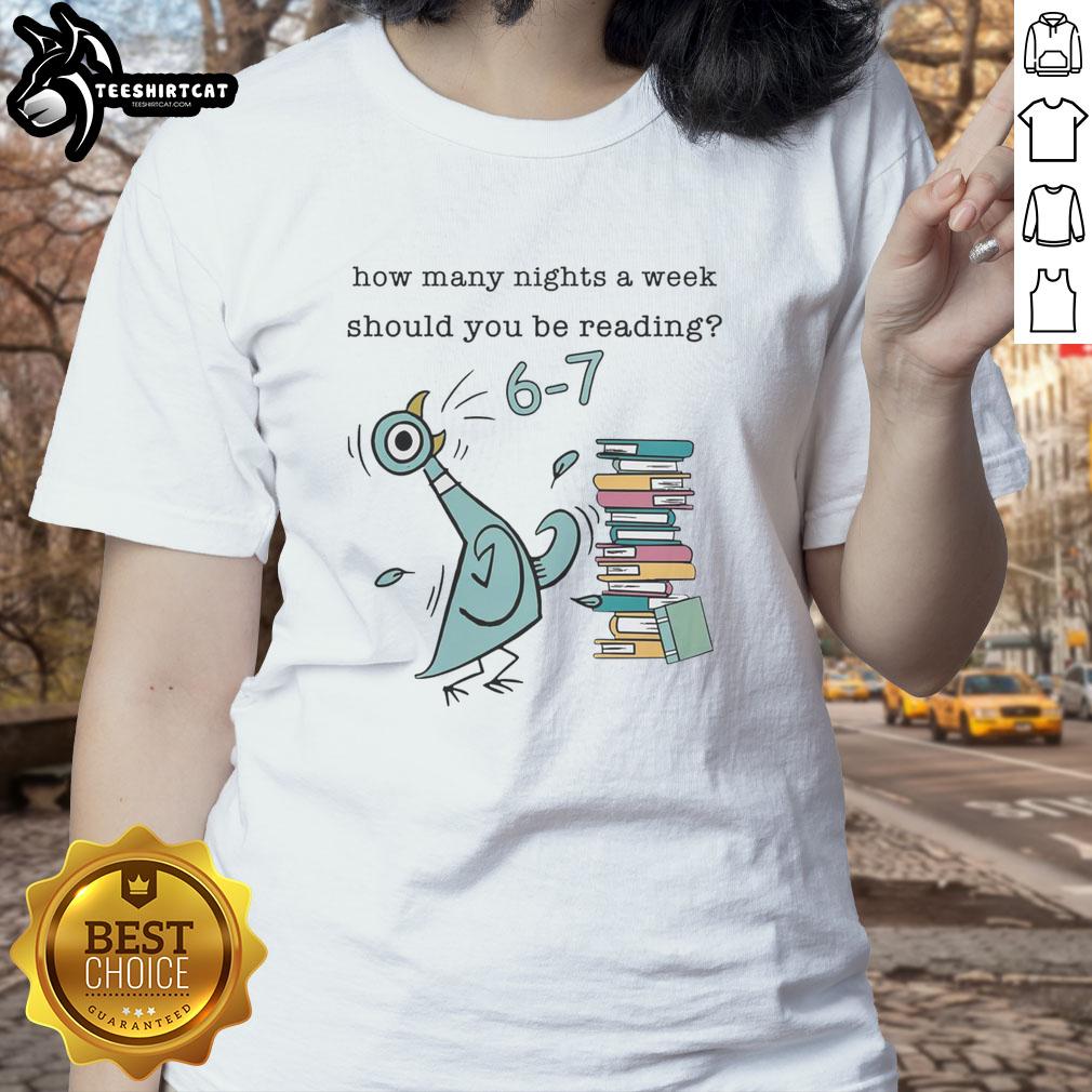 Hot 'How Many Nights A Week Should You Be Reading' tee featuring Pigeon, Elephant, Piggie characters for kids.