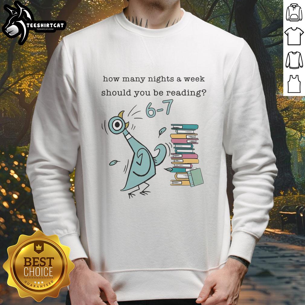 Cozy sweatshirt featuring 'How Many Nights a Week Should You Be Reading' with Pigeon, Elephant, and Piggie designs.