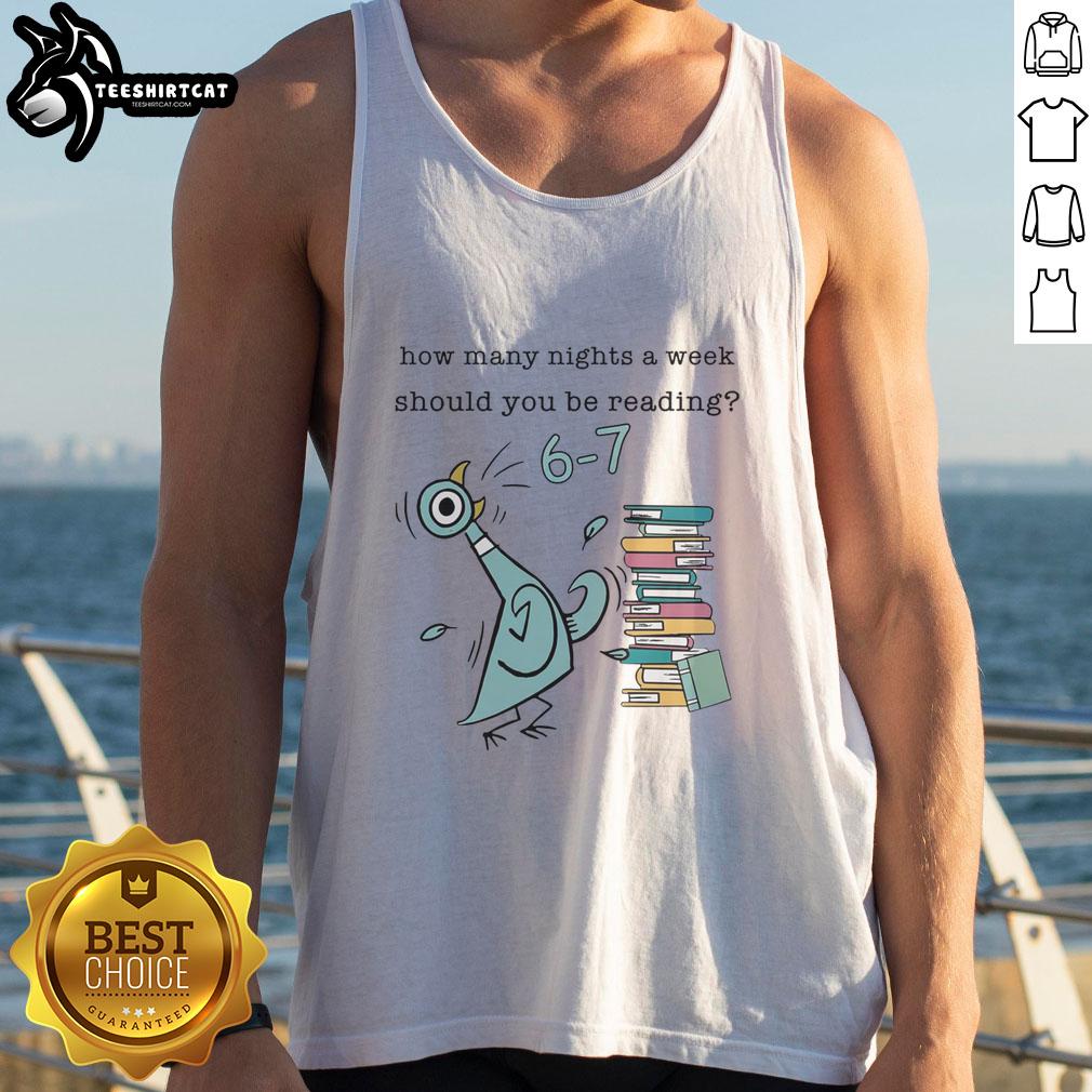 Child wearing a 'How Many Nights a Week Should You Be Reading?' tank top featuring Pigeon, Elephant, and Piggie designs.