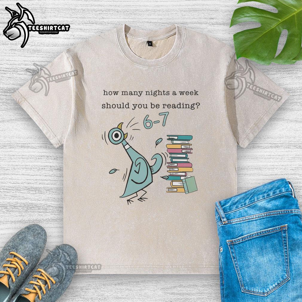 Child reading '6-7 Pigeon Elephant Piggie' books on a washed t-shirt, exploring how many nights a week to read.