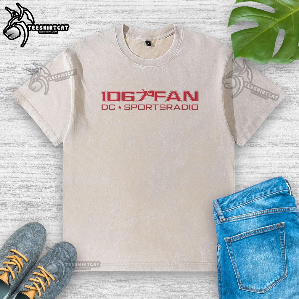 Alt Text: Washed t-shirt featuring the Nice 106.7 The Fan DC Sports Radio logo, perfect for sports fans and radio enthusiasts.