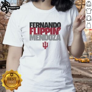 Alt Text: Nice Indiana Hoosiers Football Fernando Flippin Mendoza Player of the Year ladies tee featuring team colors and logo.