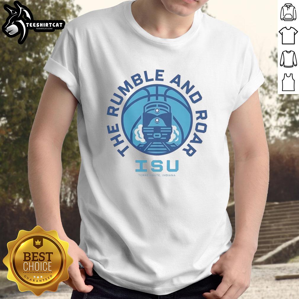 Nice Indiana State Sycamores Basketball T-shirt featuring 'The Rumble and Roar' design in Terre Haute colors.
