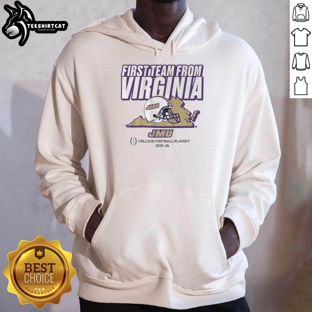 Alt Text: Nice JMU Football CFP's First Team from Virginia hoodie showcasing team pride and spirit in purple and gold.