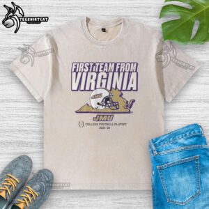 Nice JMU Football CFP's first team from Virginia washed t-shirt featuring team colors and logo for fans and collectors.