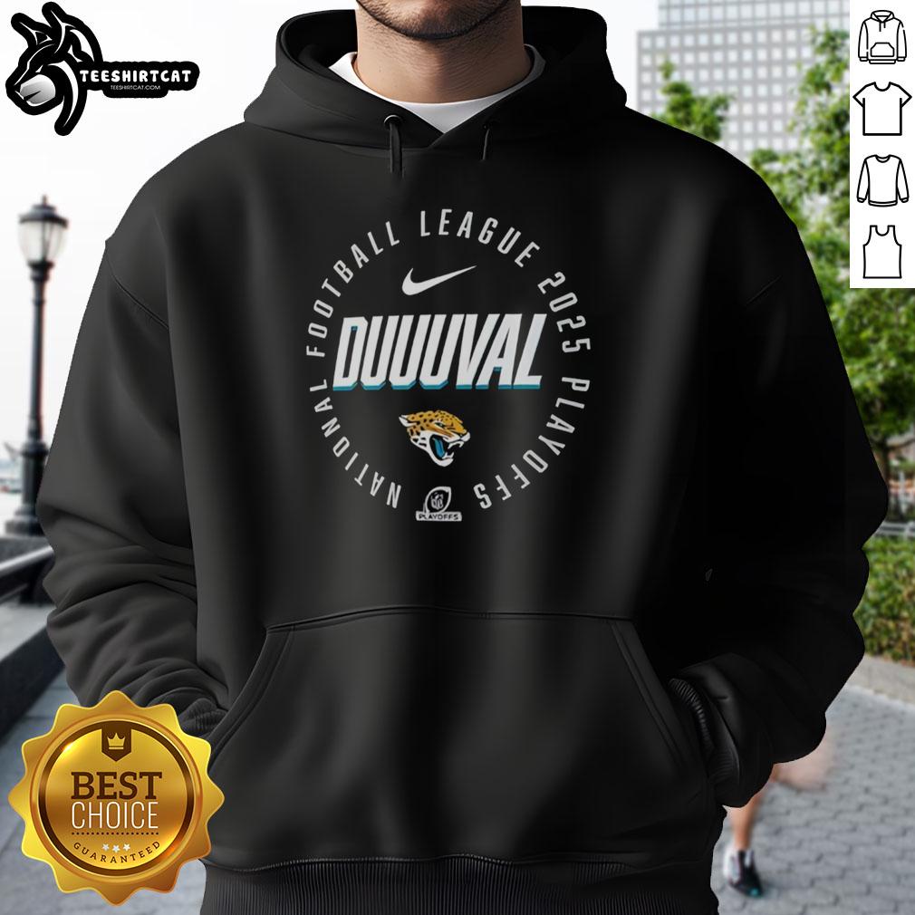 Alt Text: Jacksonville Jaguars 2025 Playoff Participant hoodie featuring a highlight receiver design, perfect for fans.