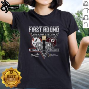 Texas A&M Aggies vs Miami Hurricanes 2025 first round match in College Station, featuring ladies' tee design.