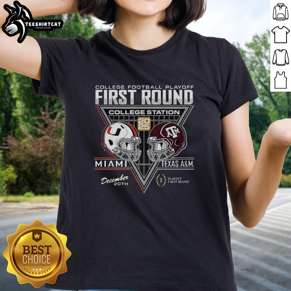 Texas A&M Aggies vs Miami Hurricanes 2025 first round match in College Station, featuring ladies' tee design.