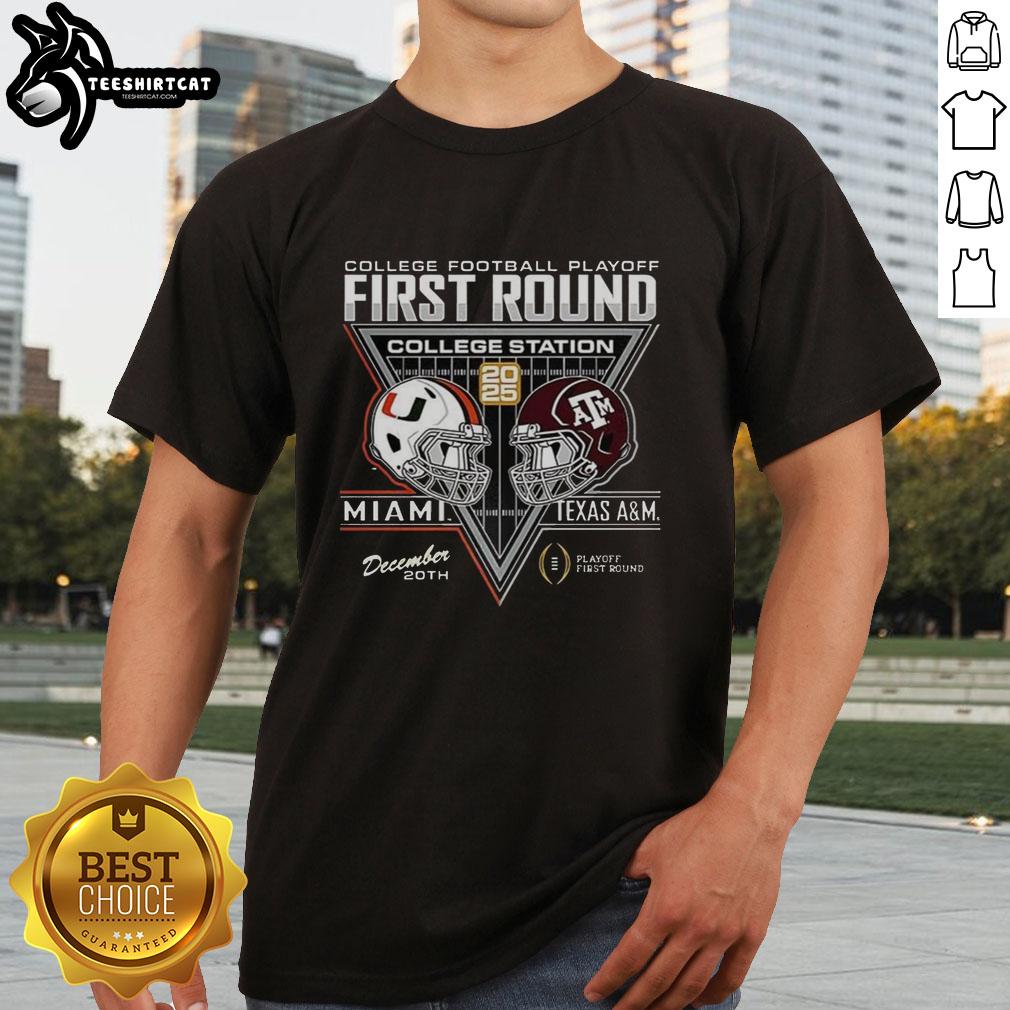 Texas A&M Aggies vs Miami Hurricanes 2025 first round t-shirt featuring vibrant team logos and game details.