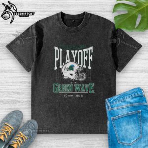 Alt Text: Tulane Green Wave NCAA 2025-2026 College Football Playoff curved helmet design on a washed t-shirt.