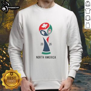 Alt Text: Official 2026 International Soccer Tournament North America sweatshirt featuring team logos and vibrant colors.