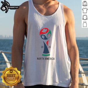 Official 2026 International Soccer Tournament North America tank top featuring vibrant design and team logos.