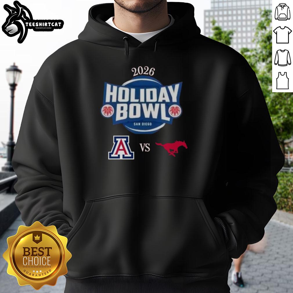 Official Arizona Wildcats vs SMU Mustangs 2026 Holiday Bowl matchup hoodie featuring team logos and festive design.