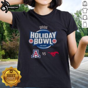 Official Arizona Wildcats vs SMU Mustangs 2026 Holiday Bowl matchup ladies tee featuring team logos and vibrant design.
