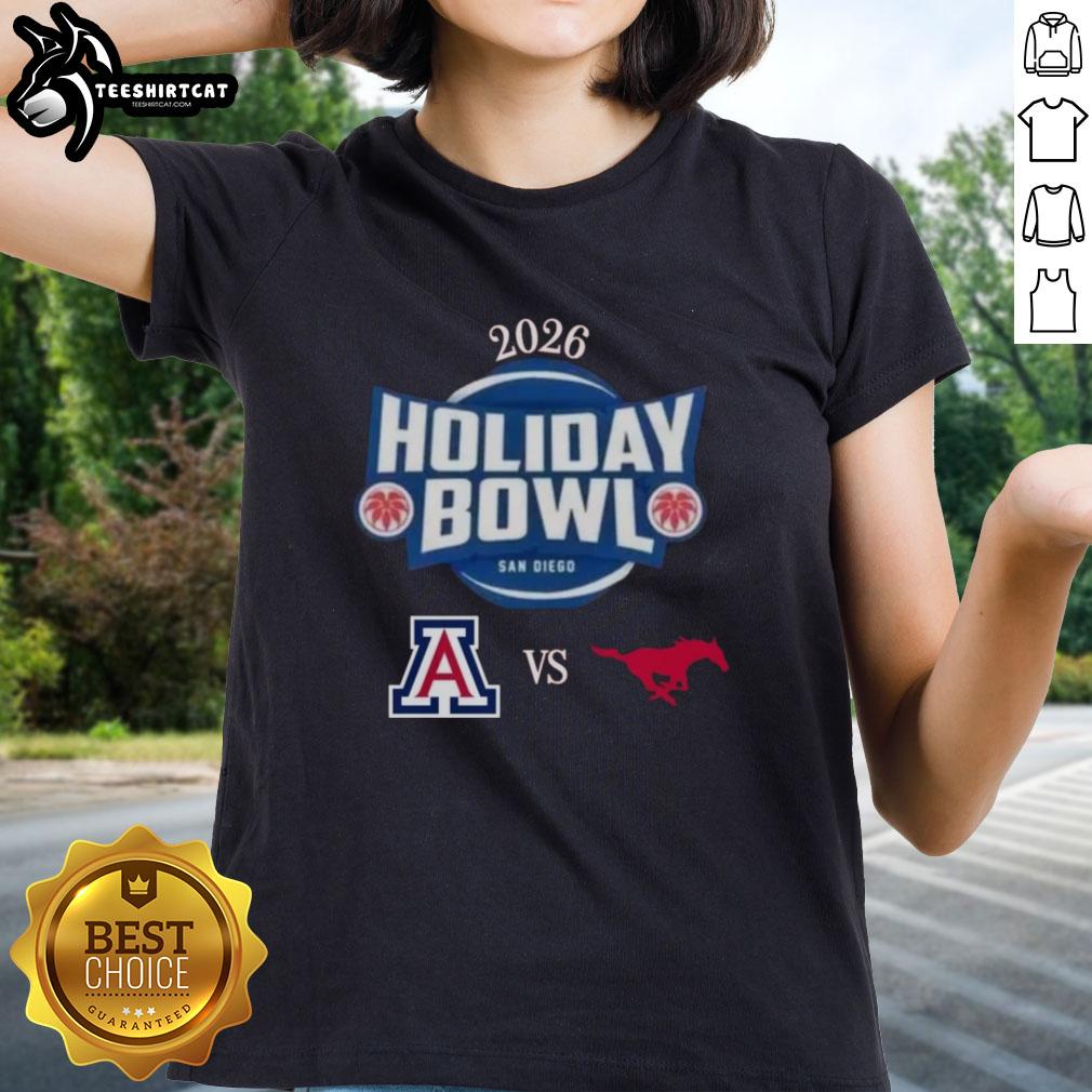 Official Arizona Wildcats vs SMU Mustangs 2026 Holiday Bowl matchup ladies tee featuring team logos and vibrant design.