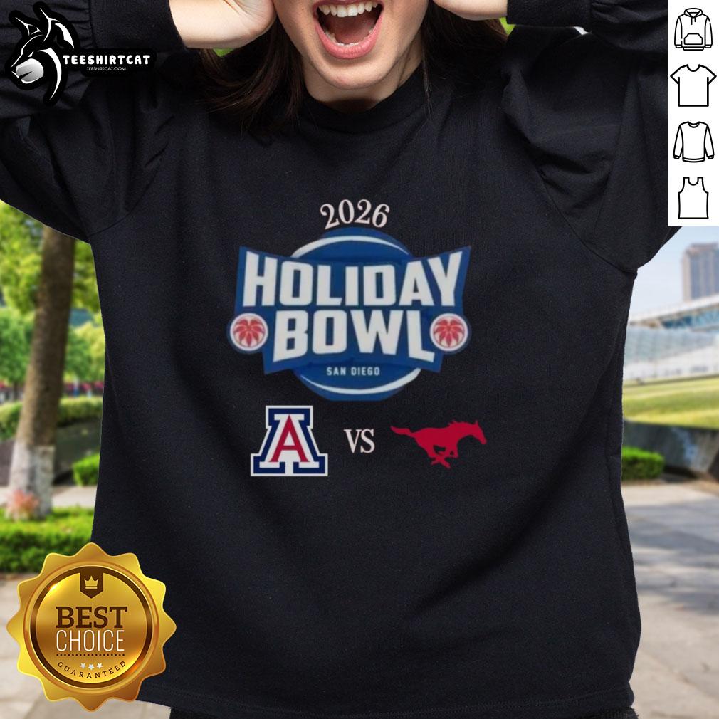 Official Arizona Wildcats vs SMU Mustangs 2026 Holiday Bowl matchup sweatshirt featuring team logos and festive design.