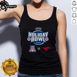 Official Arizona Wildcats vs SMU Mustangs 2026 Holiday Bowl matchup tank top featuring team logos and festive design.