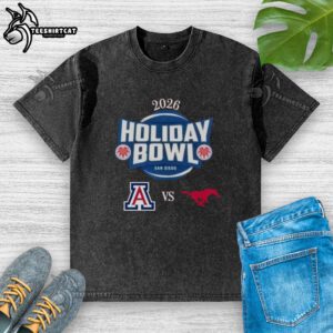 Official Arizona Wildcats vs SMU Mustangs 2026 Holiday Bowl matchup washed t-shirt featuring team logos and vibrant colors.