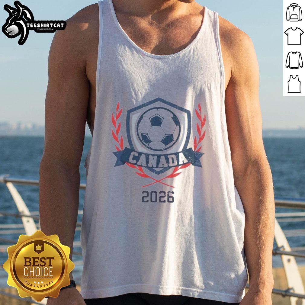 Official Canada 2026 vintage soccer crest tank top featuring bold graphics and a stylish design for soccer fans.