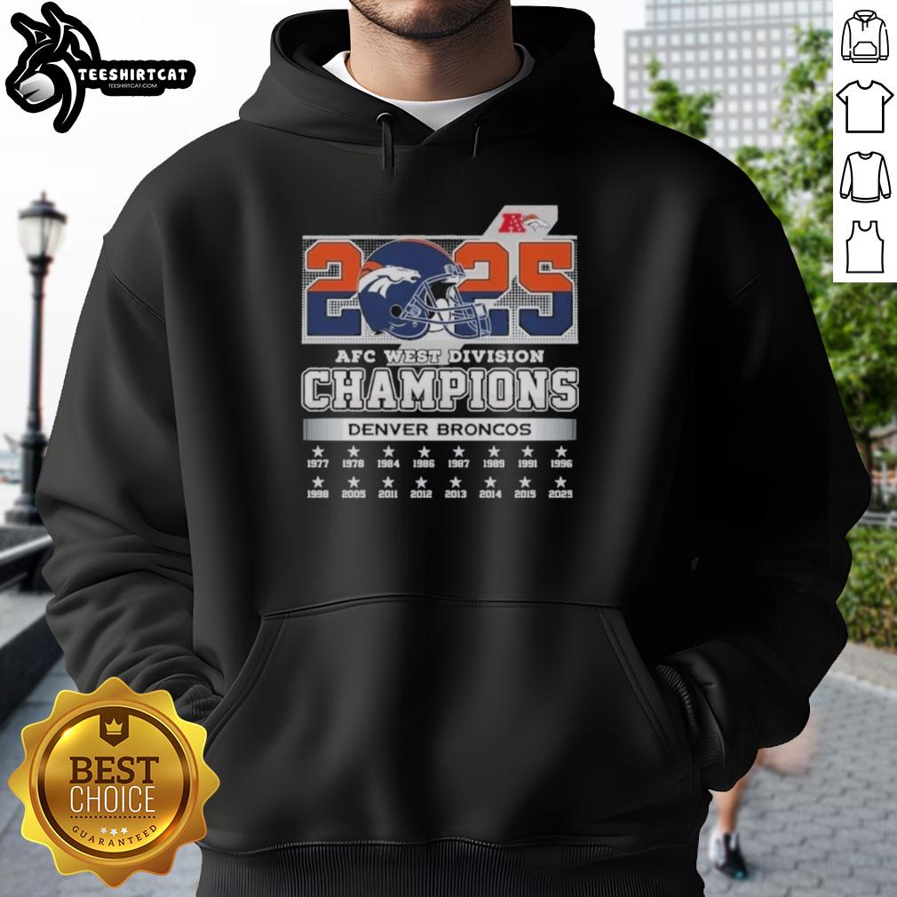 Alt Text: Official Denver Broncos 2025 AFC West Division Champions helmet hoodie showcasing team colors and logo.