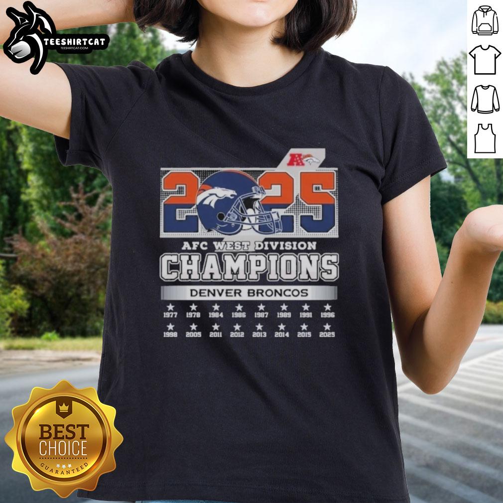 Official Denver Broncos 2025 AFC West Division Champions helmet design on a ladies tee shirt.