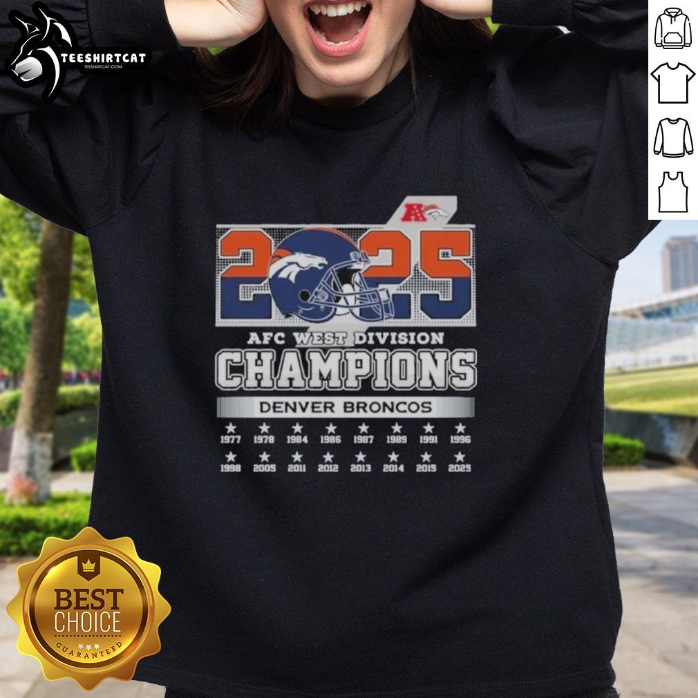 Alt Text: Official Denver Broncos 2025 AFC West Division Champions helmet sweatshirt featuring team colors and logo.