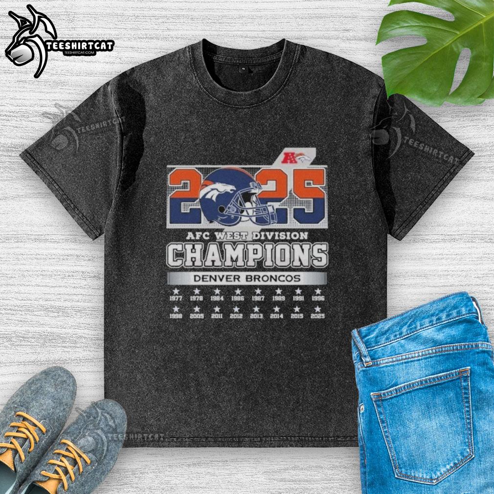Official Denver Broncos 2025 AFC West Division Champions helmet graphic on a washed t-shirt, perfect for fans.