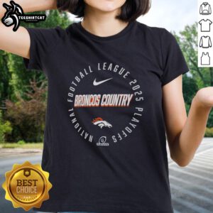 Alt Text: Official Denver Broncos 2025 playoff participant highlight receiver ladies tee featuring team colors and logo.