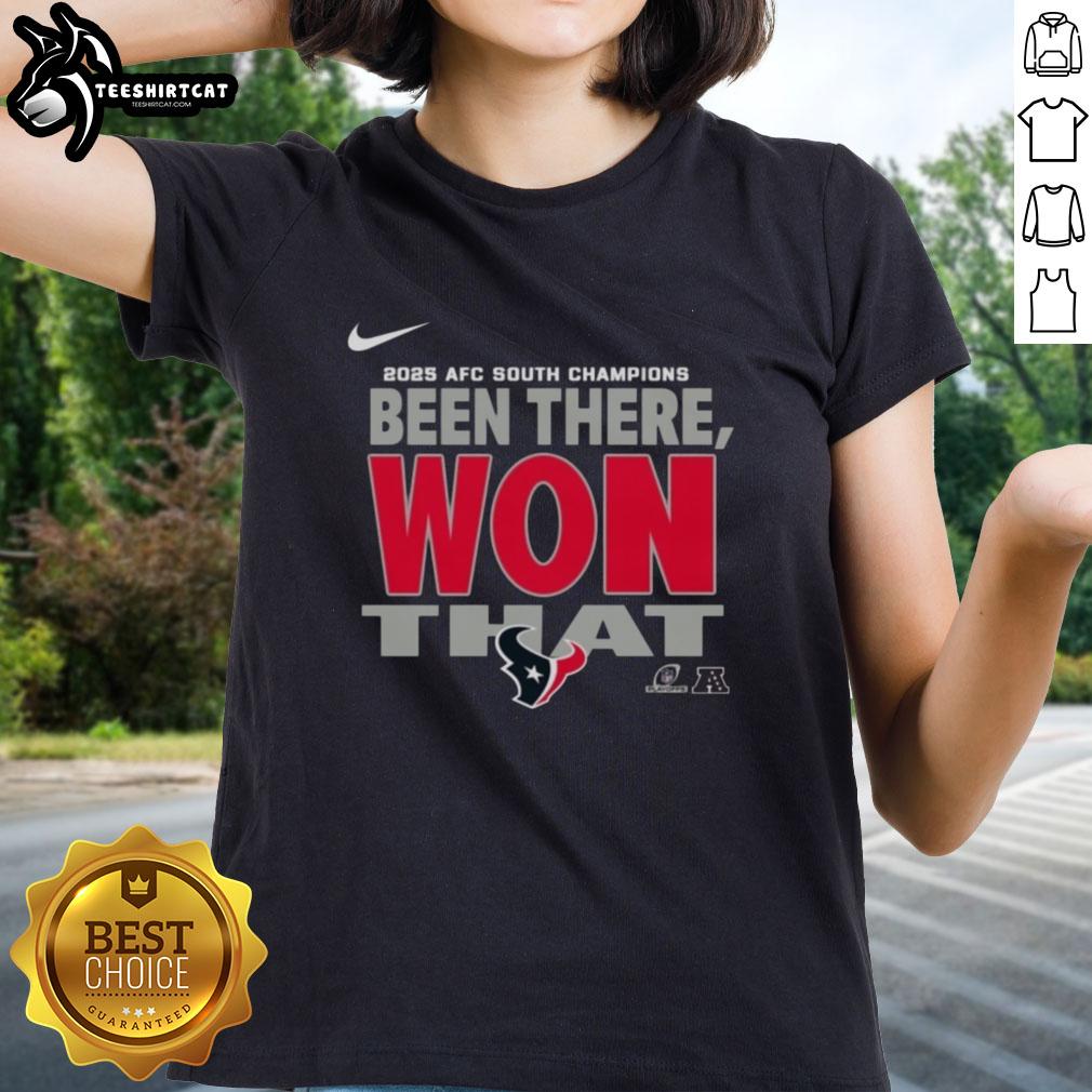 Official Houston Texans 2025 AFC South Champions ladies tee featuring team logo and vibrant colors for fans.
