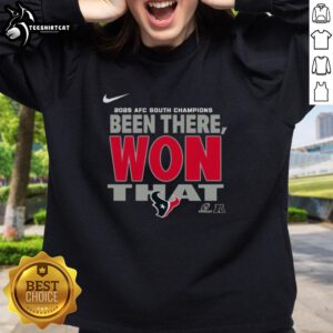 Alt Text: Official Houston Texans 2025 AFC South Champions sweatshirt showcasing team colors and logo for fans.