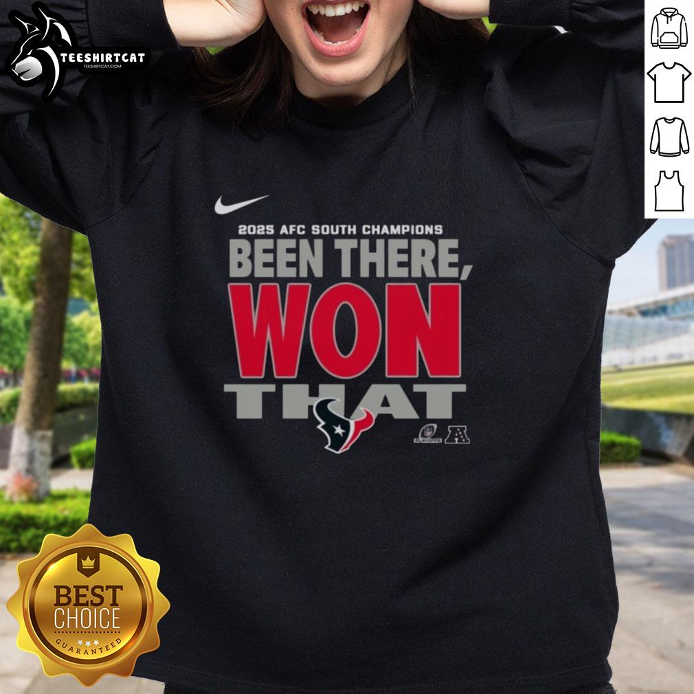 Alt Text: Official Houston Texans 2025 AFC South Champions sweatshirt showcasing team colors and logo for fans.