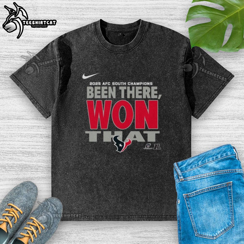 Official Houston Texans 2025 AFC South Champions washed t-shirt featuring team logo and championship design.