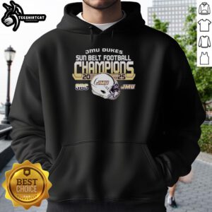 Official James Madison University Dukes Football 2025 Sun Belt Champions hoodie in royal blue, showcasing team pride.