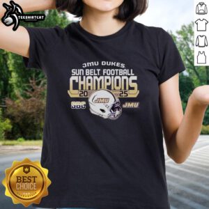 Official James Madison University Dukes Football 2025 Sun Belt Champions ladies tee in royal blue with team logo.