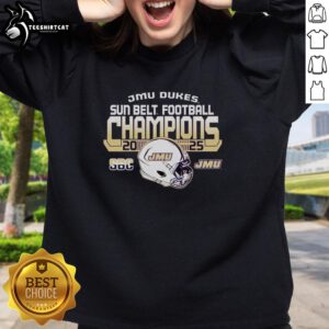 Alt Text: Official James Madison University Dukes Football 2025 Sun Belt Champions Sweatshirt featuring team colors and logo.