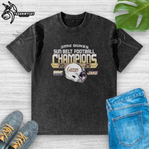 2025 Sun Belt Champions James Madison University Dukes Football washed t-shirt showcasing team pride and victory.
