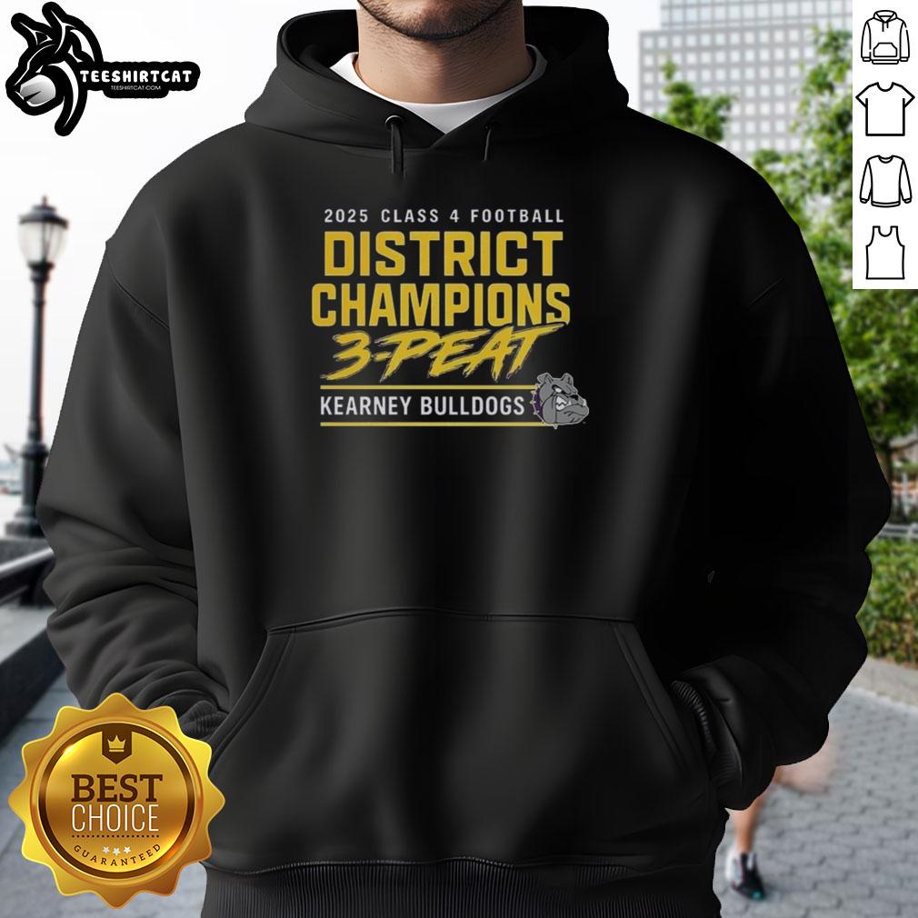 Alt Text: Official Kearney Bulldogs 2025 Glass Hoodie celebrating 4 Football District Champs 3-Peat, perfect for team spirit.