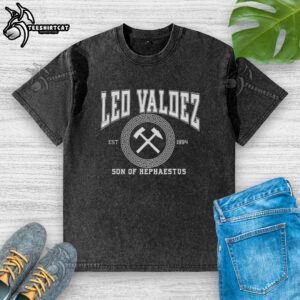 Official Leo Valdez Son of Hephaestus Forge Master washed T-shirt featuring vibrant graphics and comfortable fit.