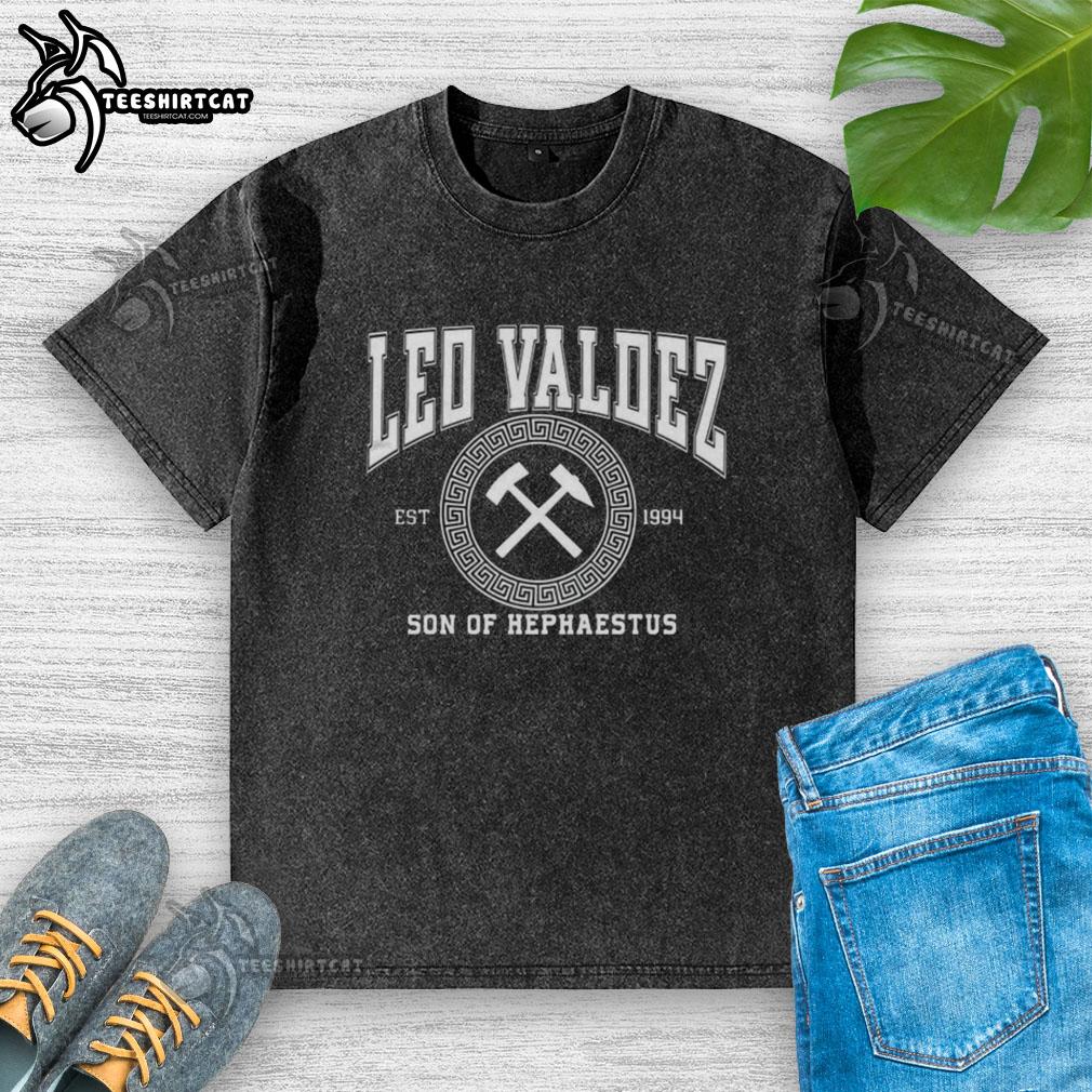 Official Leo Valdez Son of Hephaestus Forge Master washed T-shirt featuring vibrant graphics and comfortable fit.